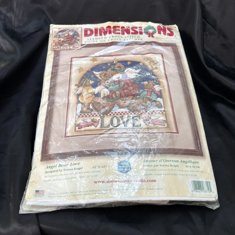 Angel Bear Love Stamped Cross Stitch Kit Dimensions Unworked 12x12 NEW Open Bag
